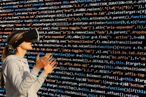 Woman wearing VR goggles, HTML code in the background